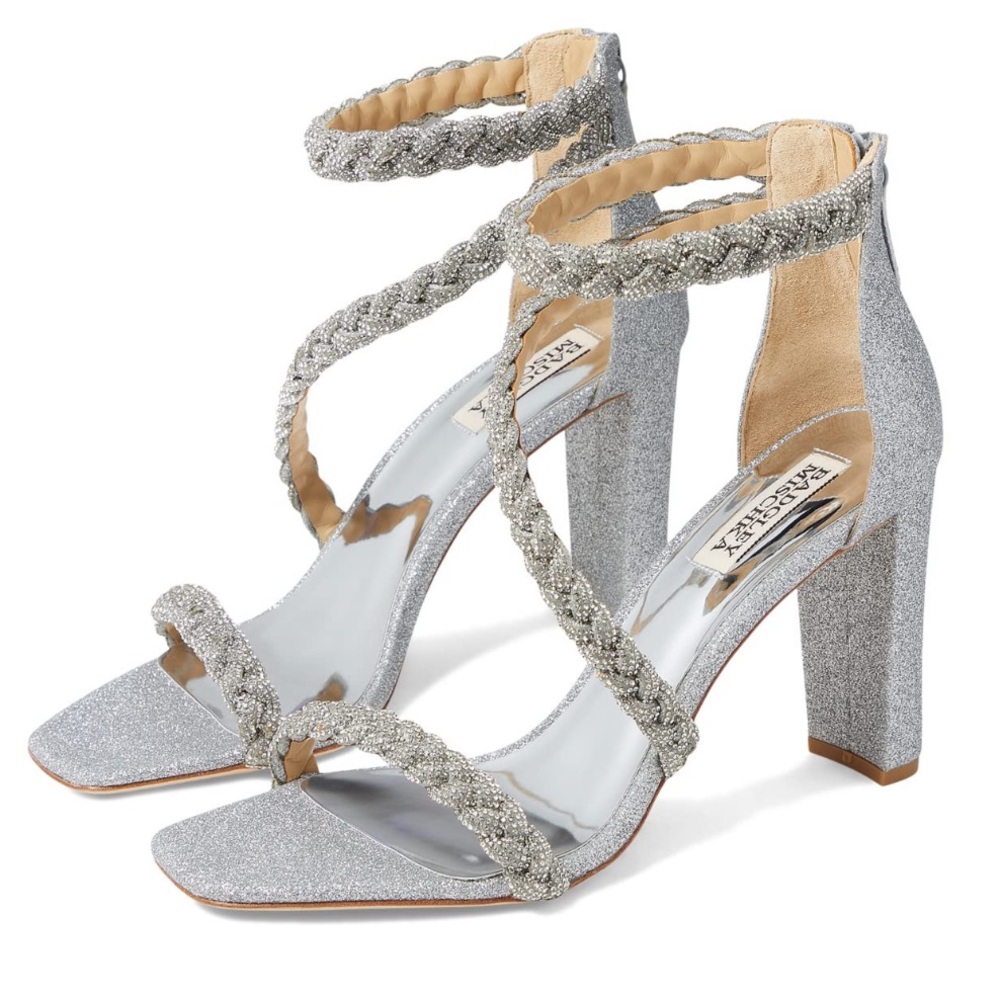 Badgley Mischka NIB Silver Fenix Crystal Embellished Braided Strap Heel Sandals